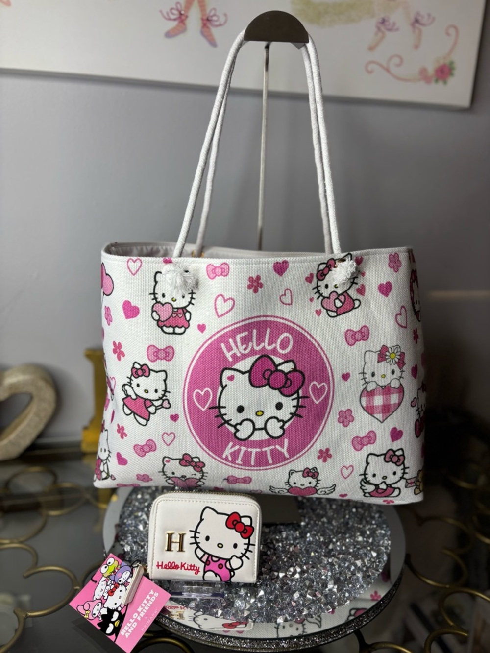 Hello Kitty Pink & White Tote with Matching Wallet NWT
